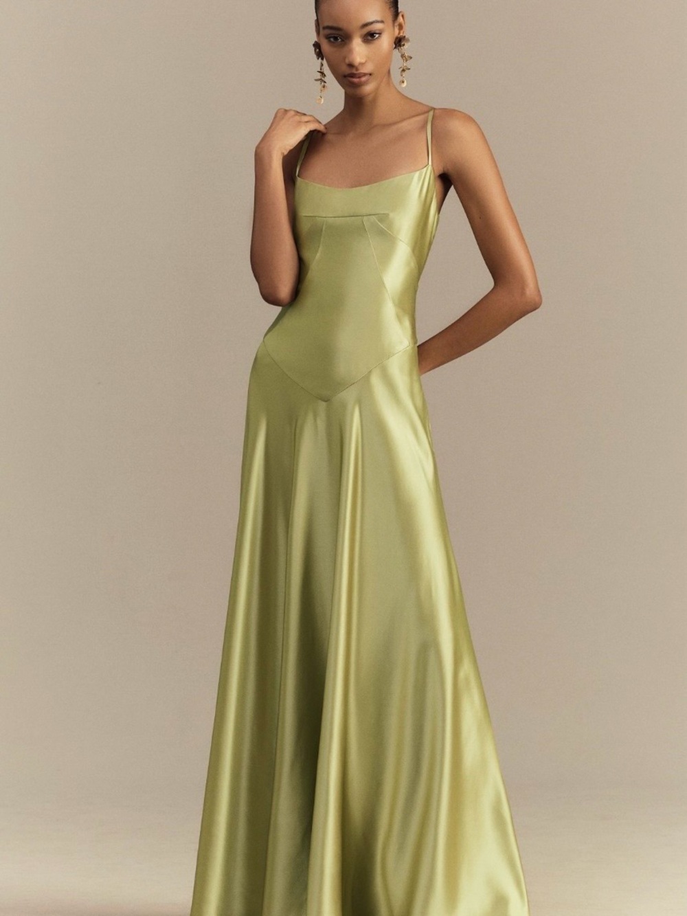 Anthropologie Olive Satin Slip Maxi Dress